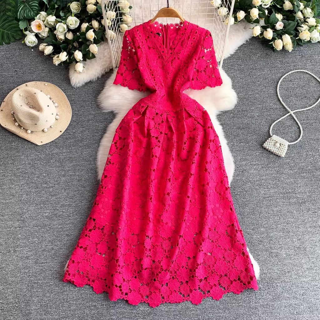 Summer Formal Evening Dress Women Hollow Out Crochet Lace Embroidery Party Long Dresses Female Short Sleeve Midi Dress