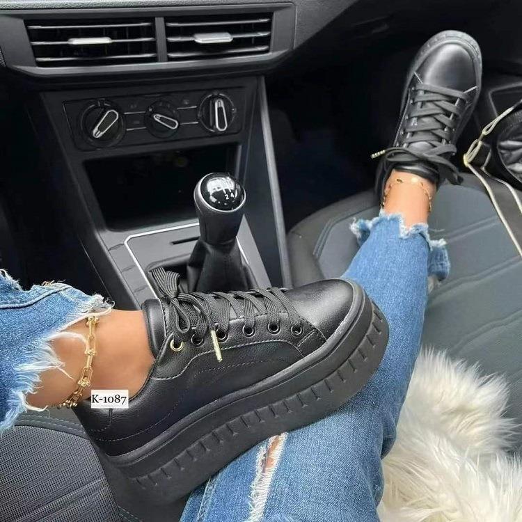 Frauen Leder Plateauschuhe Mode Einfarbig Blockabsatz Sneakers Casual Flache Sportschuhe Designer Schuhe Zapatillas Mujer