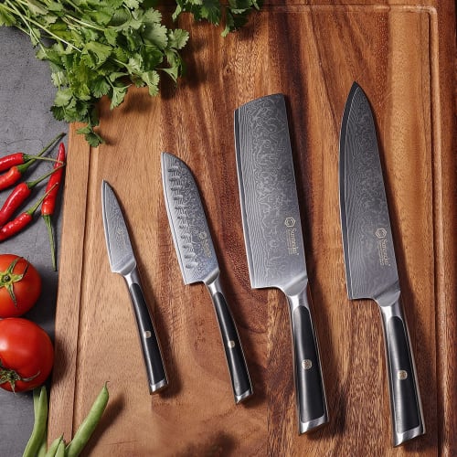 Sunnecko 6-Piece Damascus 67-Layer Knife Set with Knife Stand, Chef's Knife, Santoku Knife, Nakiri Knife, Peeling Knife, and Kitchen Scissors, Double-
