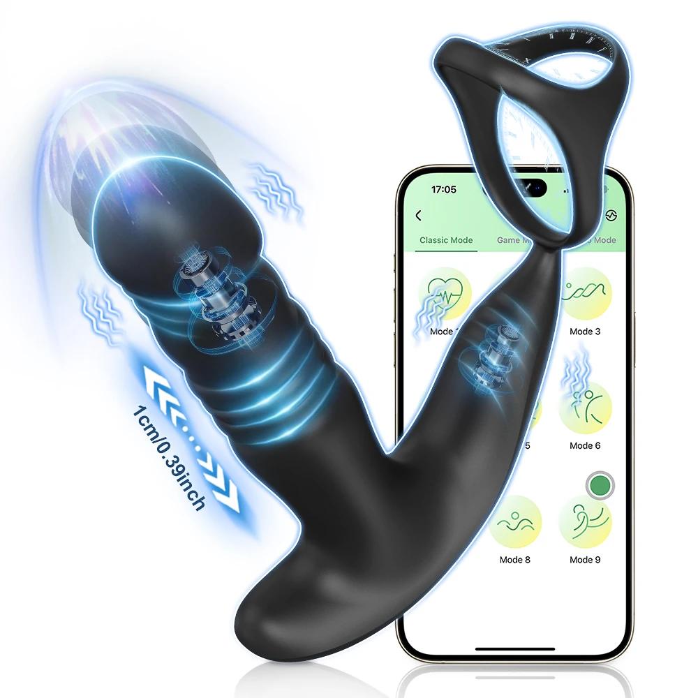 Prostate Massager for Men Male Thrusting Vibrator with APP Control Delayed Ejaculation Double Cork Ring Butt Plug Adult Sex Toy