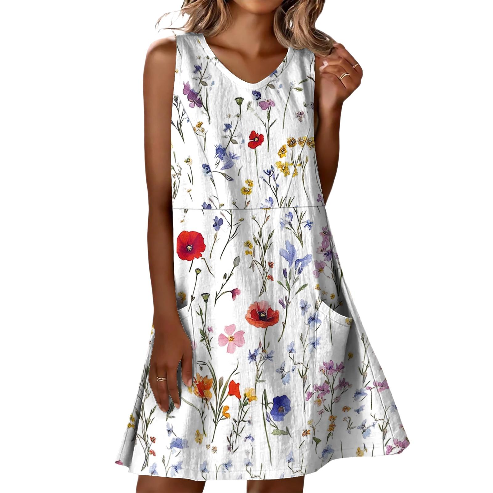 

Sleeveless V Neck Casual Dress with Floral Print and Pockets Loose Fit Knee Length Summer Beach Dress for Women L