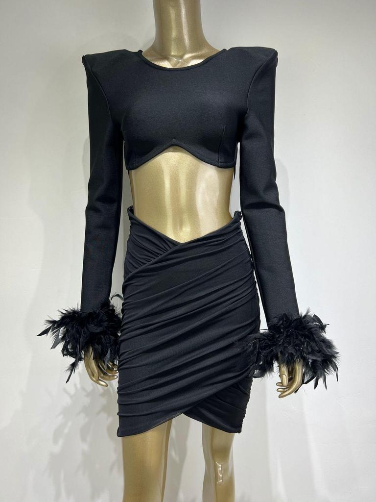 2023 Bandage Skirt Two-Piece Set: Sexy Feather Long-Sleeve Crop Top & Short Skirt