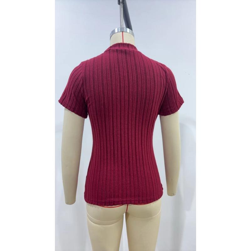 Wiosna i Lato Jednokolorowe Paski Dzianinowe Bluzki z Krótkim Rękawem Nisza Półwysoki Kołnierz Dopasowane Damskie T-shirty