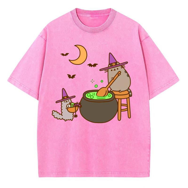 Cartoon Animal Print Women Washed Black T-Shirt Loose Crew Neck Short Sleeves Unisex Casual Cute Style Top Y2k Sweetheart