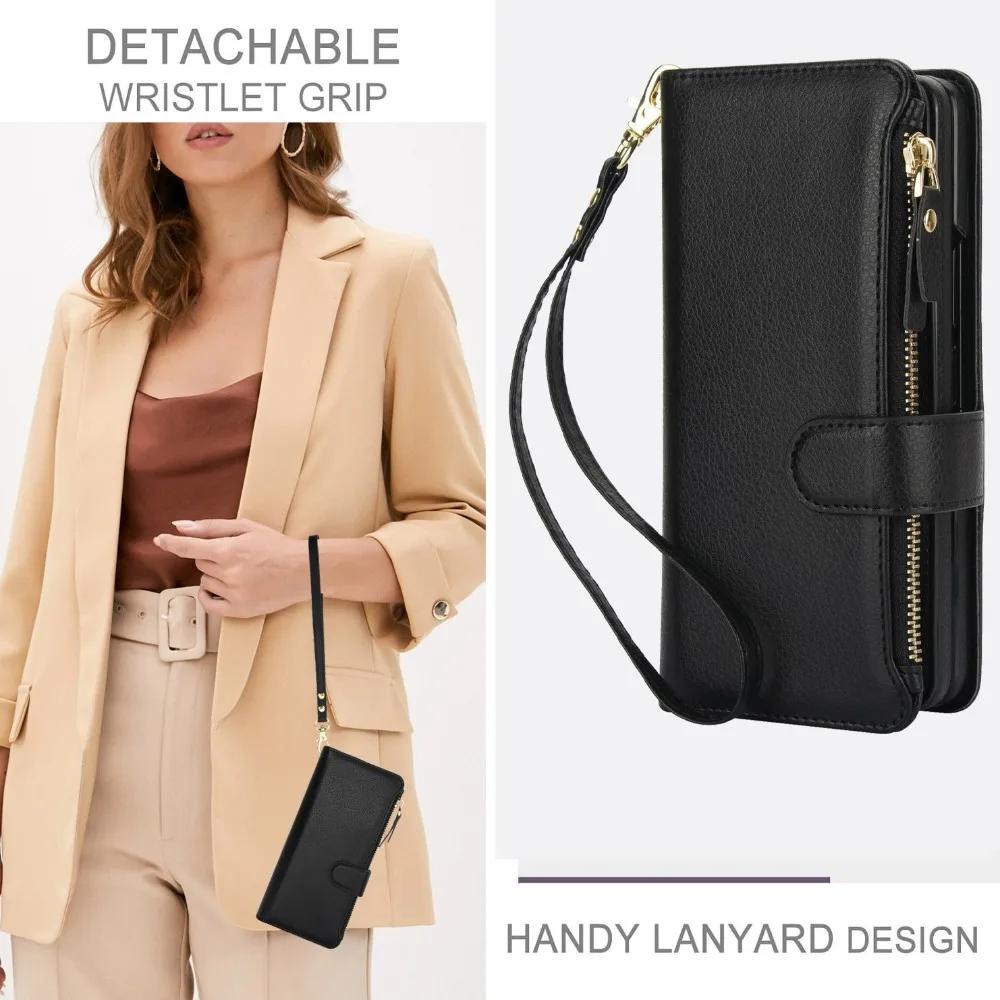 Crossbody Lanyard Leather Phone Case for Samsung Galaxy Z Fold 3 4 5 6 7 with Wristband Wallet Card Holder Protective Cover