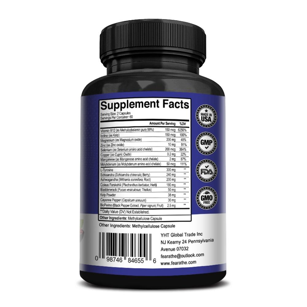 Fearathe Thyroid Wellness Complex Supplements with Iodine, B12, Selenium, L-Tyrosine, Ashwagandha, Schisandra, Bladderwrack, Kelp, 120 Caps
