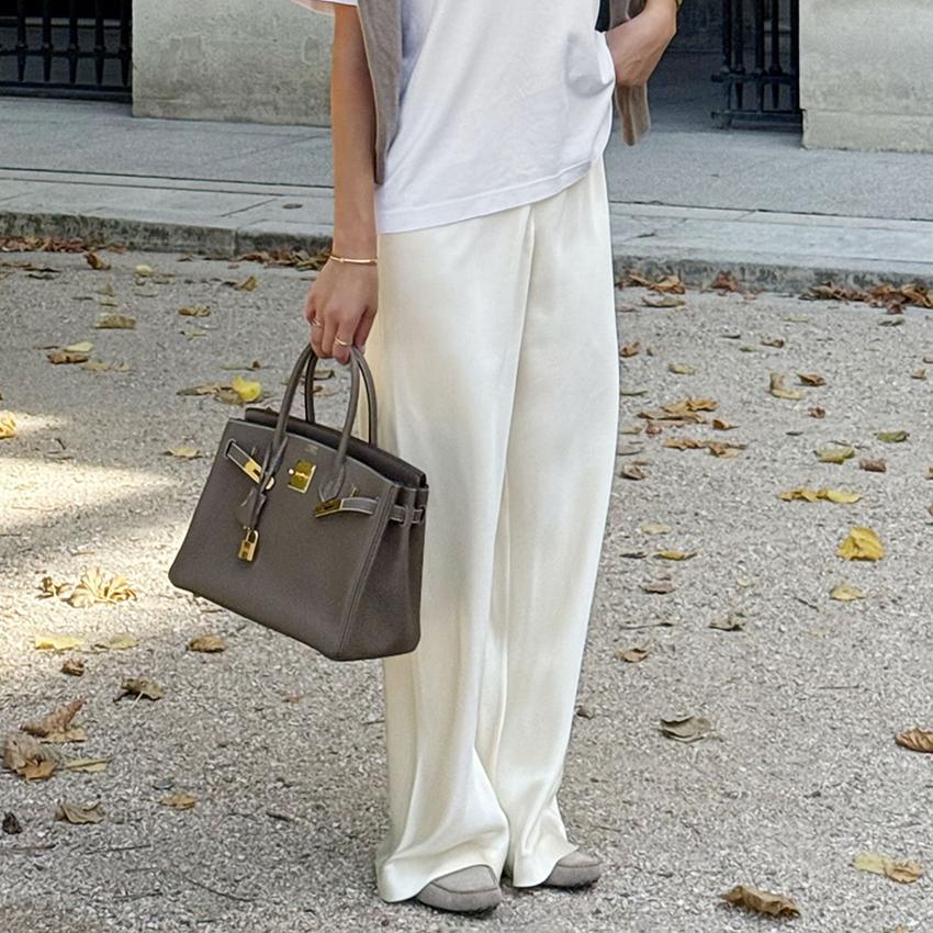 Linad Elegante Braune Satin Weite Hosen Damen Mode Beige Hohe Taille Hosen Street Chic Seide Lange Hosen Damen
