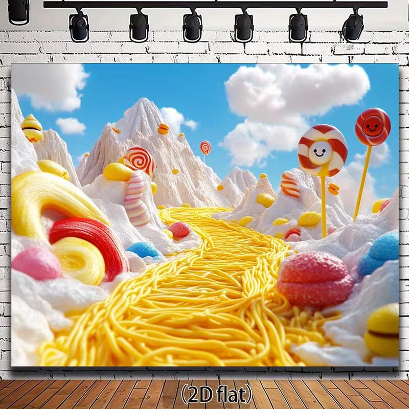 

2D Flat Candy Land Backdrop Spaghetti Road Lollipop Photo Background 47.2x31.5inch/120*80cm