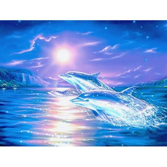 Animal Dolphins with Fish 5D Diy Diamond Painting Full Round Drill Mosaic Diamond Embroidery Rhinestones Home Decoration