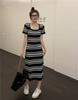 Women's Square Neck Retro Striped Knit Dress - Slim Fit, Midi Pencil Skirt, Cinched Waist, Figure-Flattering for Summer