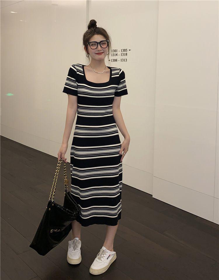 Women's Square Neck Retro Striped Knit Dress - Slim Fit, Midi Pencil Skirt, Cinched Waist, Figure-Flattering for Summer