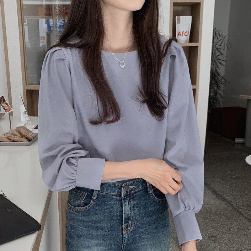 Spring Korean Style Loose Lantern Sleeve Sweatshirt - Women's Long Sleeve Solid Color T-Shirt