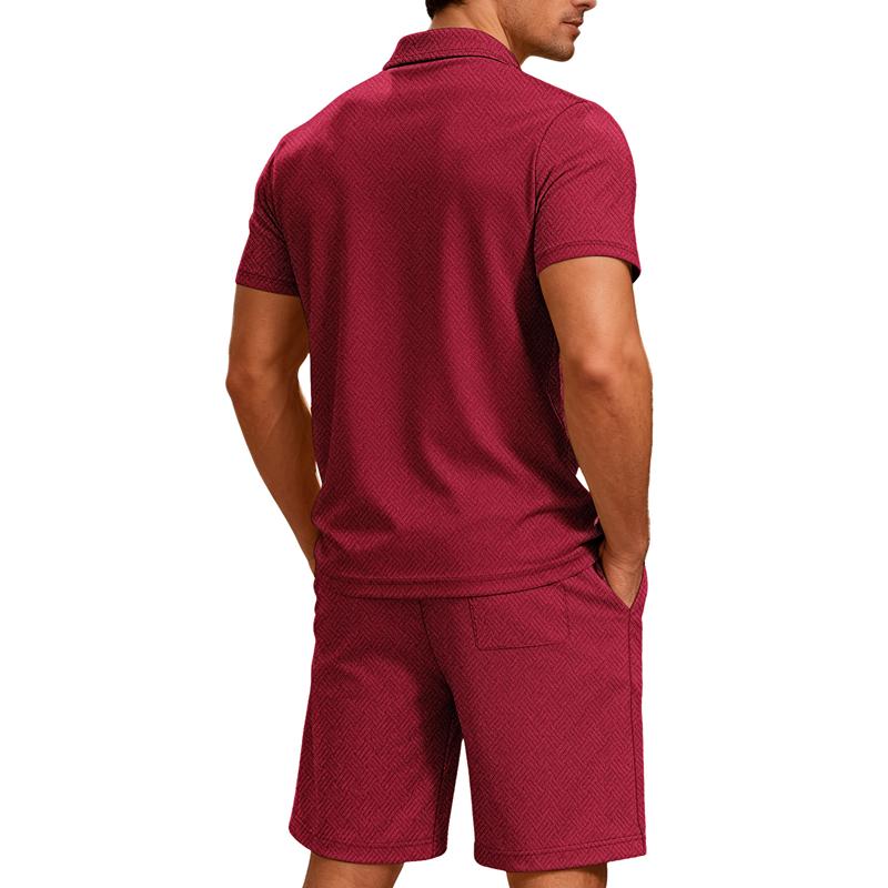 Summer Men Jacquard Textured Matching Set Half Zip Collar Polo Short Sleeve Top Drawstring Waist Shorts Golf Beach Two Piece Tracksuit