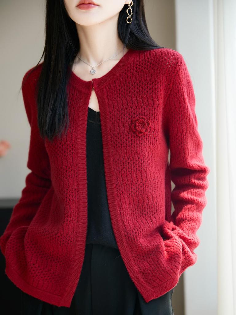 2025 Women's Round Neck Wool Shawl Cardigan: Hollow Out, Loose Fit, Versatile Long Sleeve Outerwear