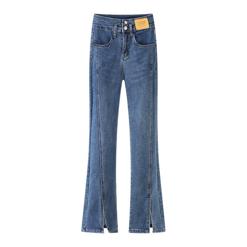 Split Denim Bell Bottoms Women's Summer High Waist Elastic Slim Straight Leg Women's Pants