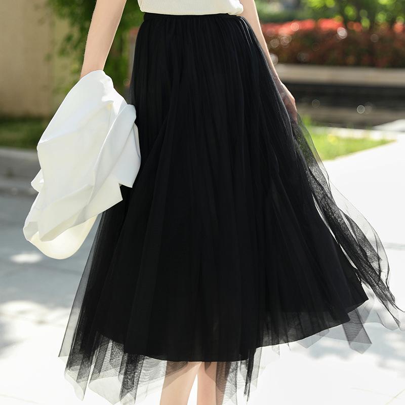 

Женская А-силуэтная юбка-миди из сетки с высокой талией - Двусторонняя тюлевая юбка для лета, Принцессный стиль с широким подолом. One Size чёрный