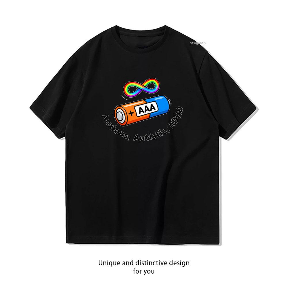 

AAA Battery Anxious Autistic ADHD Classic TShirt Women Unisex Casual cotton printed t shirts outdoors Classic Oneck Adult tops S