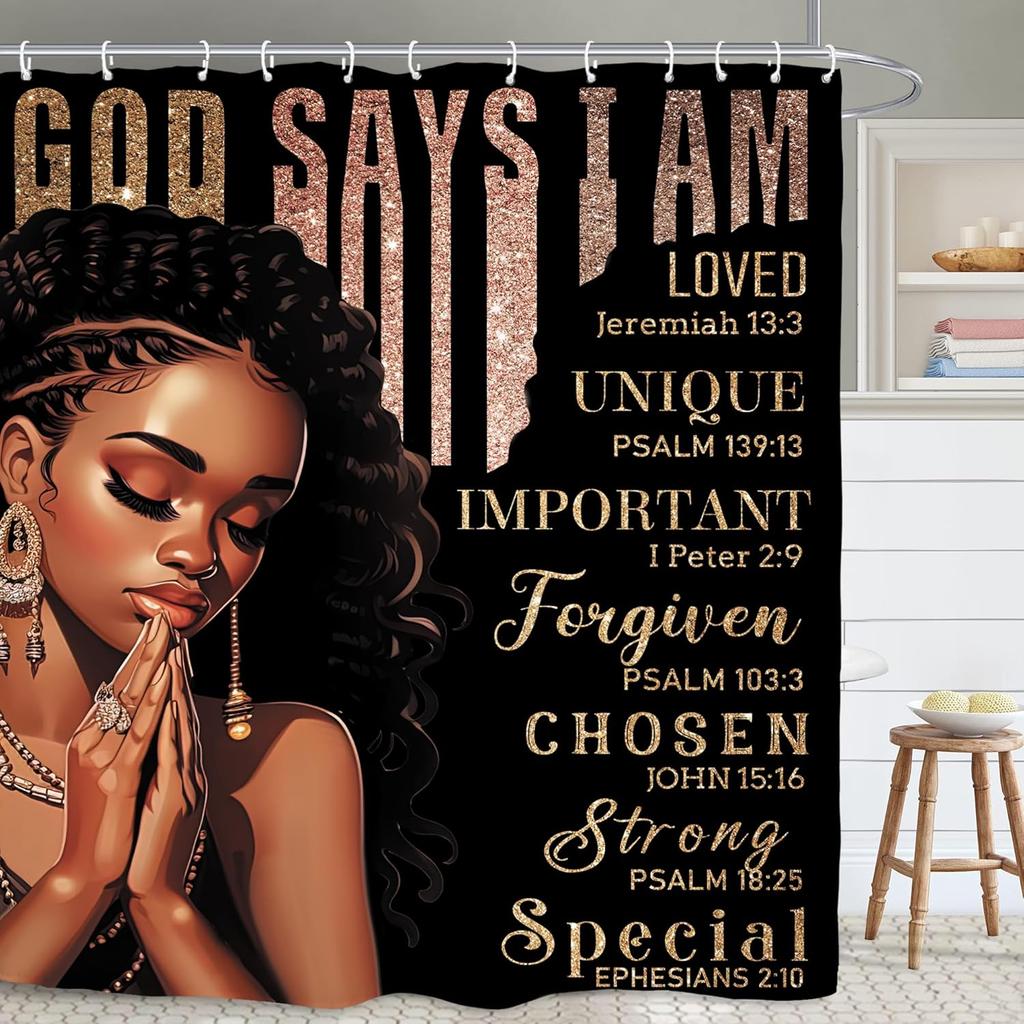 African American Flower Shower Curtain, Black Girl Marble Design, Inspirational Motivational Print, Waterproof Polyester