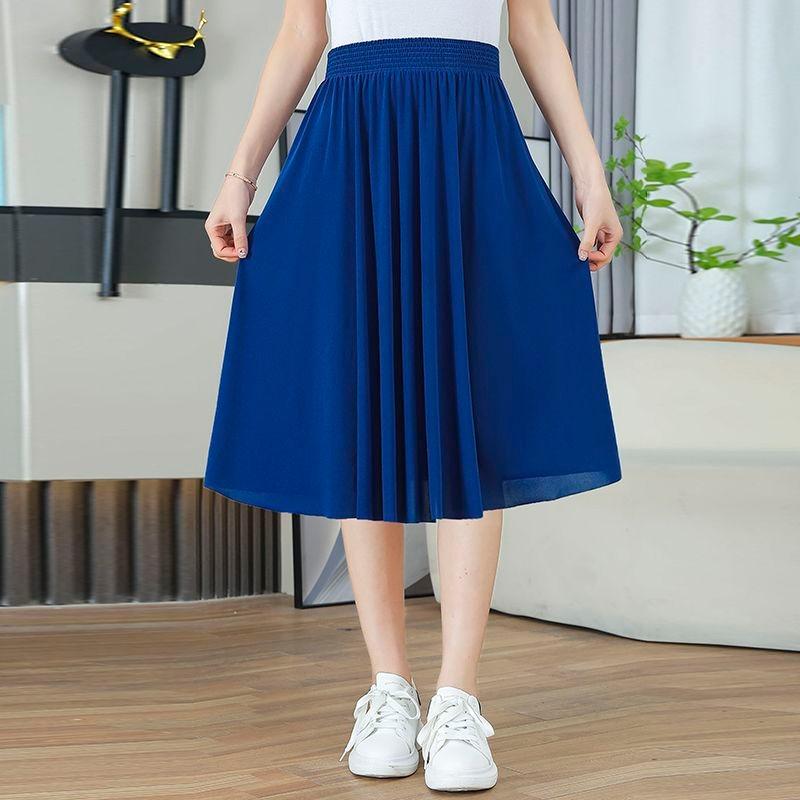 Women's Versatile Black Flowy A Line Midi Skirt with Elastic Waist