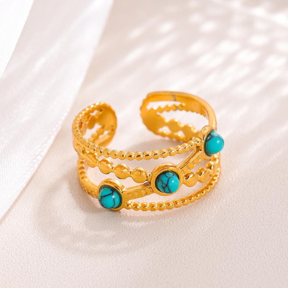 18K Gold Plated European Retro Stainless Steel Turquoise Ring - Vintage Exaggerated Women's Personality Jewelry