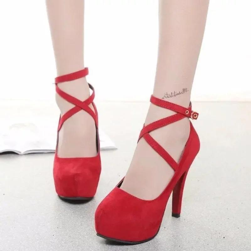 Women's Shoes 2024 High Quality One-word Buckle Women's Pumps Autumn Pointed Toe Solid Flock High Heels Dress Sexy High Heels