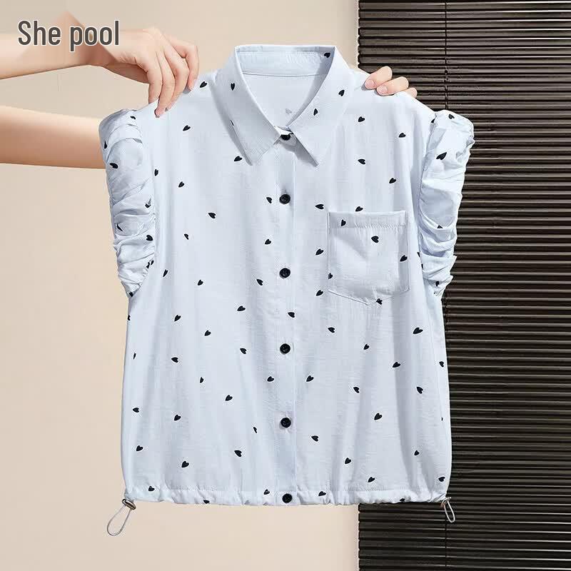 Women s Sweet Lapel Flutter Sleeve Blouse with Drawstring Hem XL светло-синий
