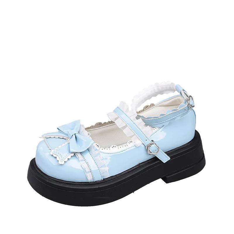 

Модные японские милые маленькие кожаные туфли для девочек 2024 года, новые женские туфли с милым бантом, студенческие туфли на плоской подошве, одинарные туфли высокого качества 40 небесно-голубой