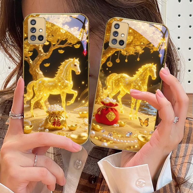 The Golden Fighting Horse For Samsung A 01 52S 04 05S 10 12 13 22 23 24 36 42 M02 Note 10 20Ultra 8 9 Golden Glass Phone Case