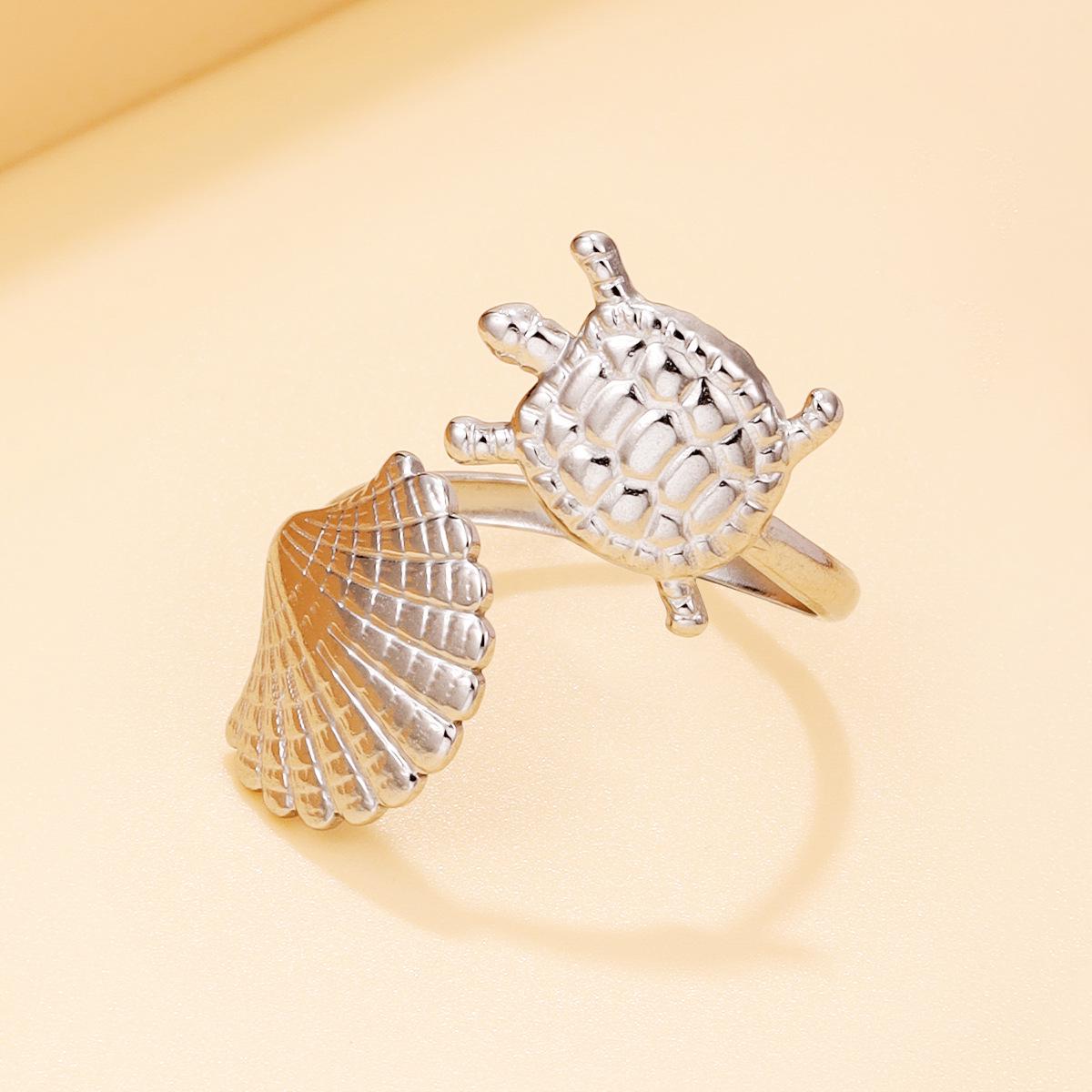 Stainless Steel Ocean-Themed Shell and Turtle Ring