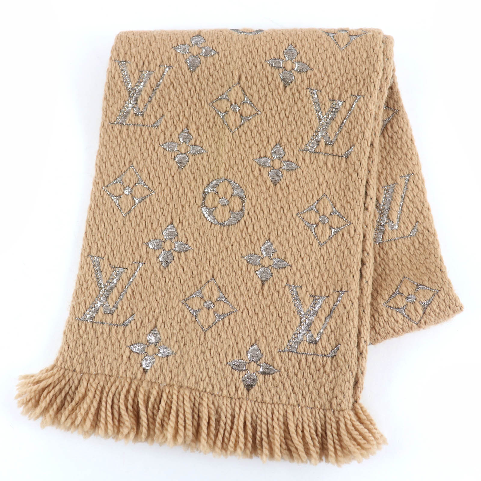 

Great LOUIS VUITTON Scarf Escalp Logomania Shine With fringe beige wool M75834 Used