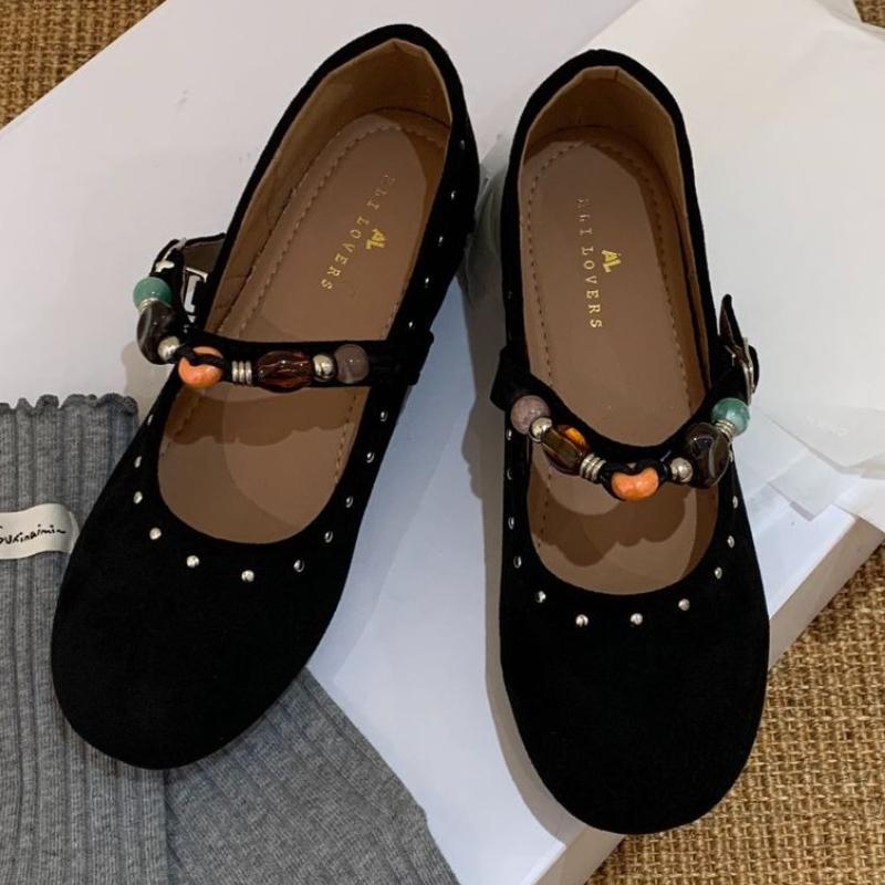 Fashion Retro Faux Suede Ballet Flats Women Luxury Gemstone Metal Rivet Decoration Designer Shoes Cozy Round Toe Shallow Mary Jane Shoes
