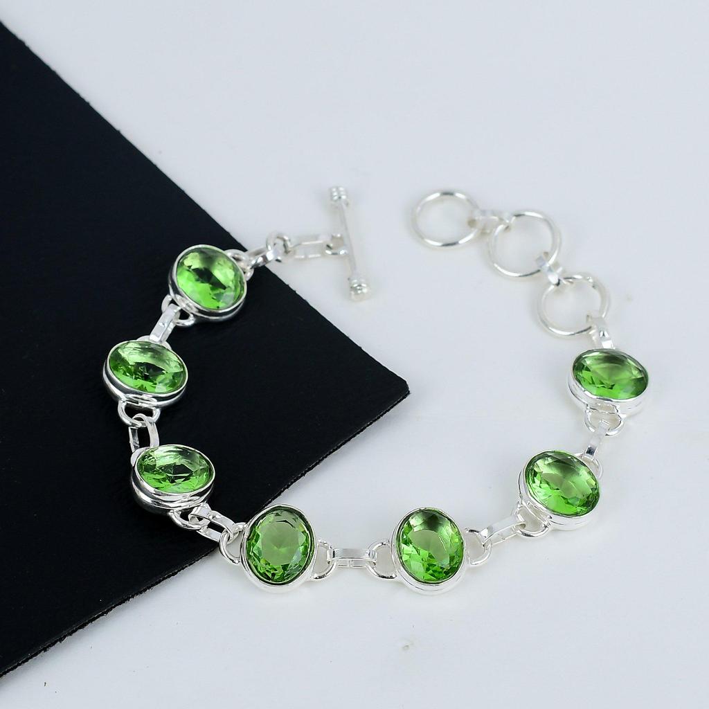 Green Amethyst Gemstone Handmade 925 Sterling Silver Bracelet, Green Amethyst Bracelet For Wife , Unisex Bracelet Party Wear Gift