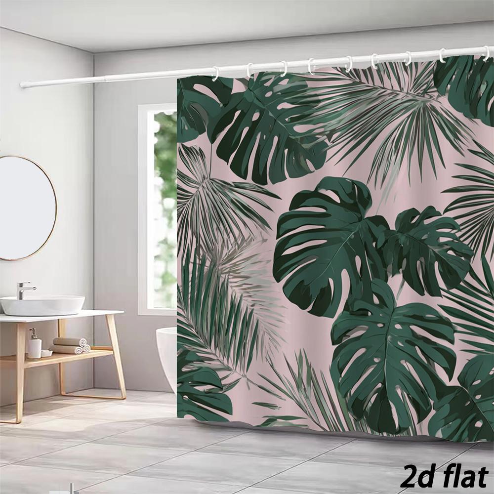 Tropical Leaf Shower Curtain – Pink Background With Monstera & Palm, 12 Hooks, 70.8×70.8 In, Polyester, Machine Washable