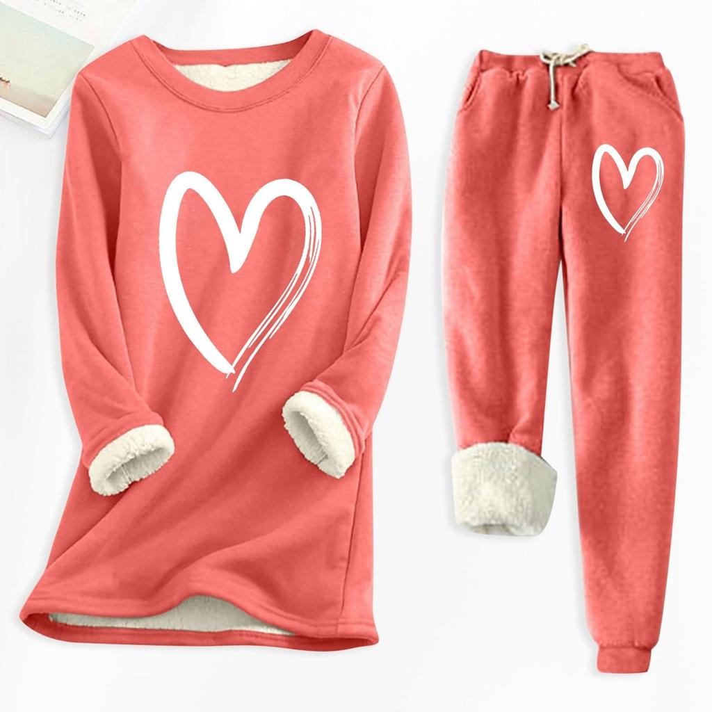 Ladies' Loose And Comfortable Round Neck Heart-shaped Printed Thick Long Sleeved Top With Cotton Pants Set