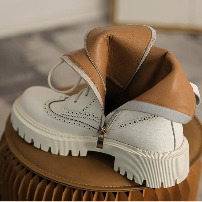 Kadın Ayak Bileği Çizmeler Doğal Deri Ayakkabı Dana Derisi Yan Fermuar Brock Oyma Ayakkabı