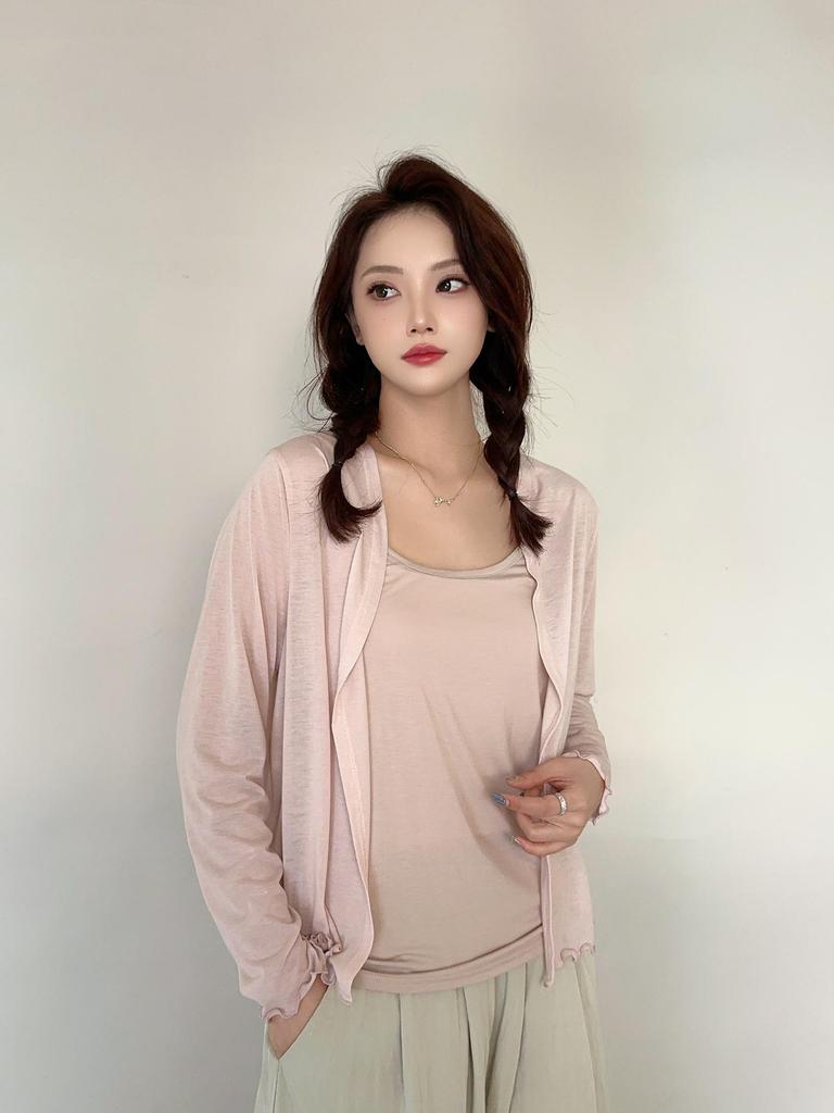 Dámský lehký kardiganový šál s dlouhým rukávem na jaro/léto 2025 - Slim pletená klimatizační bunda