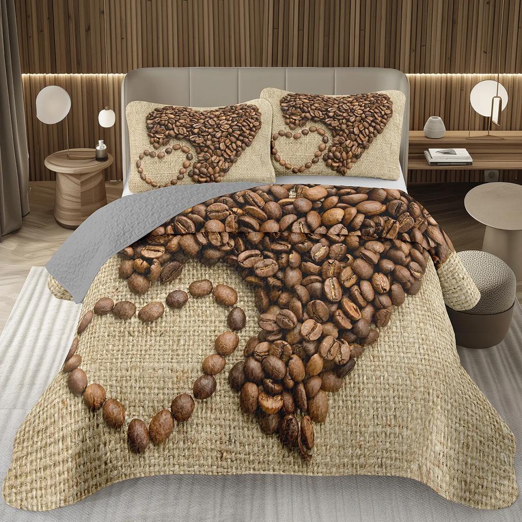 Single Twin Full Queen King Bedspread Set Coffee Bean Coverlet Set,Coffee Theme Bedding Set Coffee Lovers Gifts Room Decorations