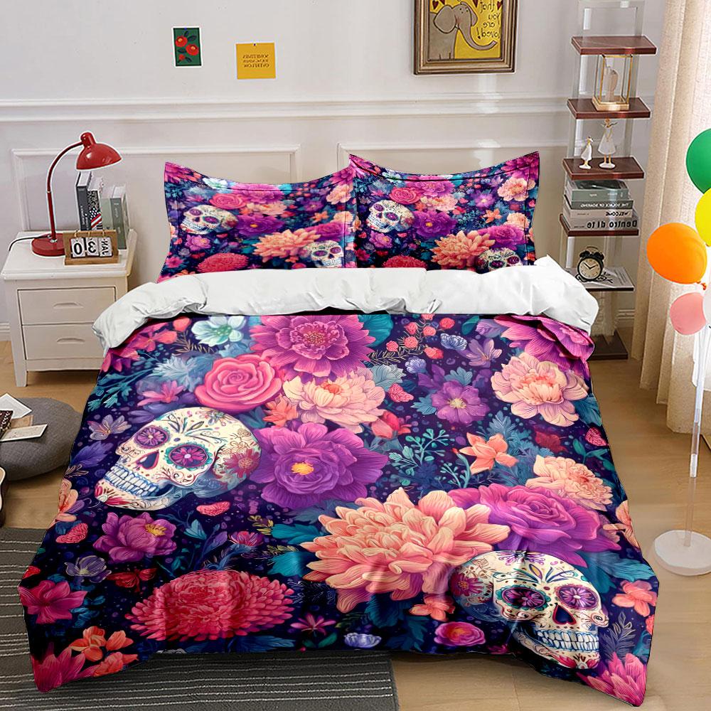Colorful Skull Floral Decor Set Multiple Sizes Kid's and Adults' Bedroom Exquisite 3PC Bedding Set Gift