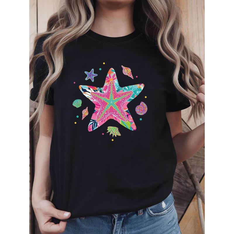 Colorful Starfish Shell Ocean Style Print Womens T Shirt Summer European Style Fresh Crew Neck Top Daily Street Beach Vacation Versatile Item