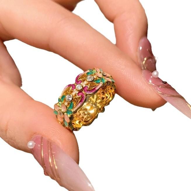 Chinese Enamel Drop Glue Color Purple Chalcedony Flower Ring Bracelet Diamond-Set Multi-Faceted Versatile Temperament Guochao Hand Jewelry