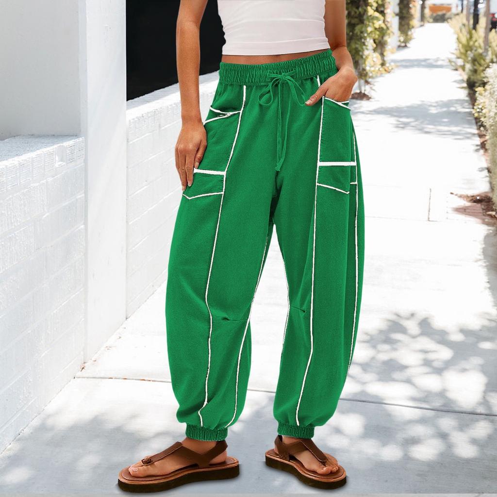 Women's Sanitary Pants, Wide Leg Pants, High Waist, Leg Cinching, Patchwork Pockets, Casual Pants