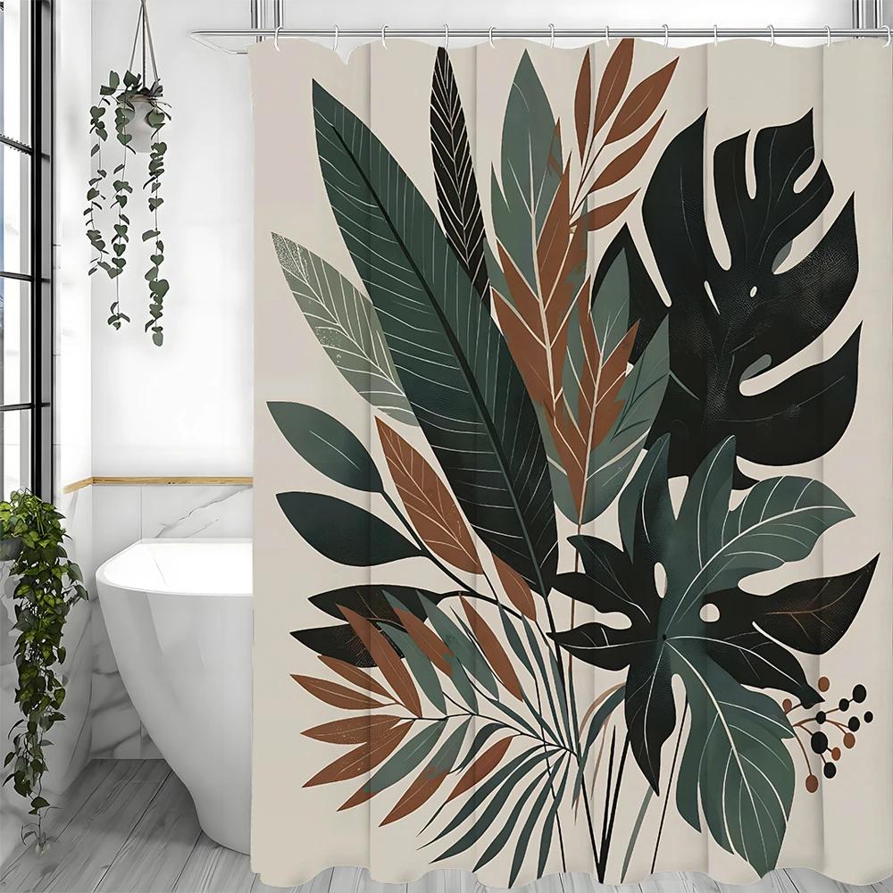 Green Leaf Leaf Shower Curtain, Bathroom Decorative Shower Curtain, Waterproof Shower Curtain with Hooks