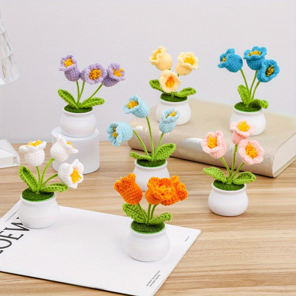 2 Pcs Knitting Crochet Bell Orchid Flowers Potted Plants for Wife Girlfriend and Women, Handmade Flowers for Car Decoration Home Decoration