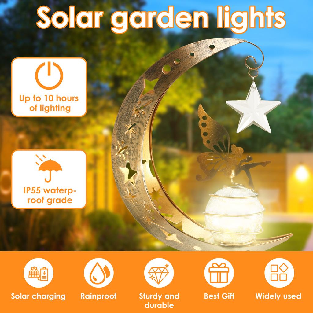 Solar Garden Lights Outdoor Moon Fairy Pentagram Glass Lights Waterproof White LED Iron Decorative Lights Pathway Butterfly