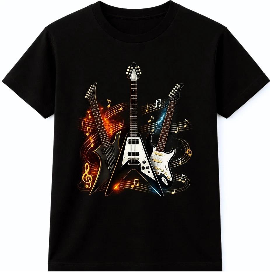 Guitar T Shirt Three Electric Guitars Graphic Tee Rock Music Band Musician Shirt 4XL
