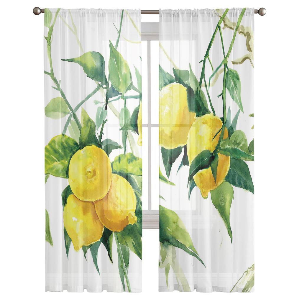 Lemon Watercolor Leaves Sheer Curtains Window Tulle Curtains For Living Room Bedroom For Kitchen Veiling Curtains Decoration