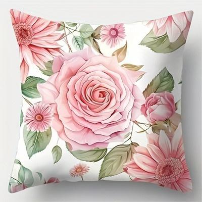 Watercolorstyle Pink Flower Pattern Doublesided Printed Pillow Cover Short Plush Suitable Living Rooms Throw Cushion Cover