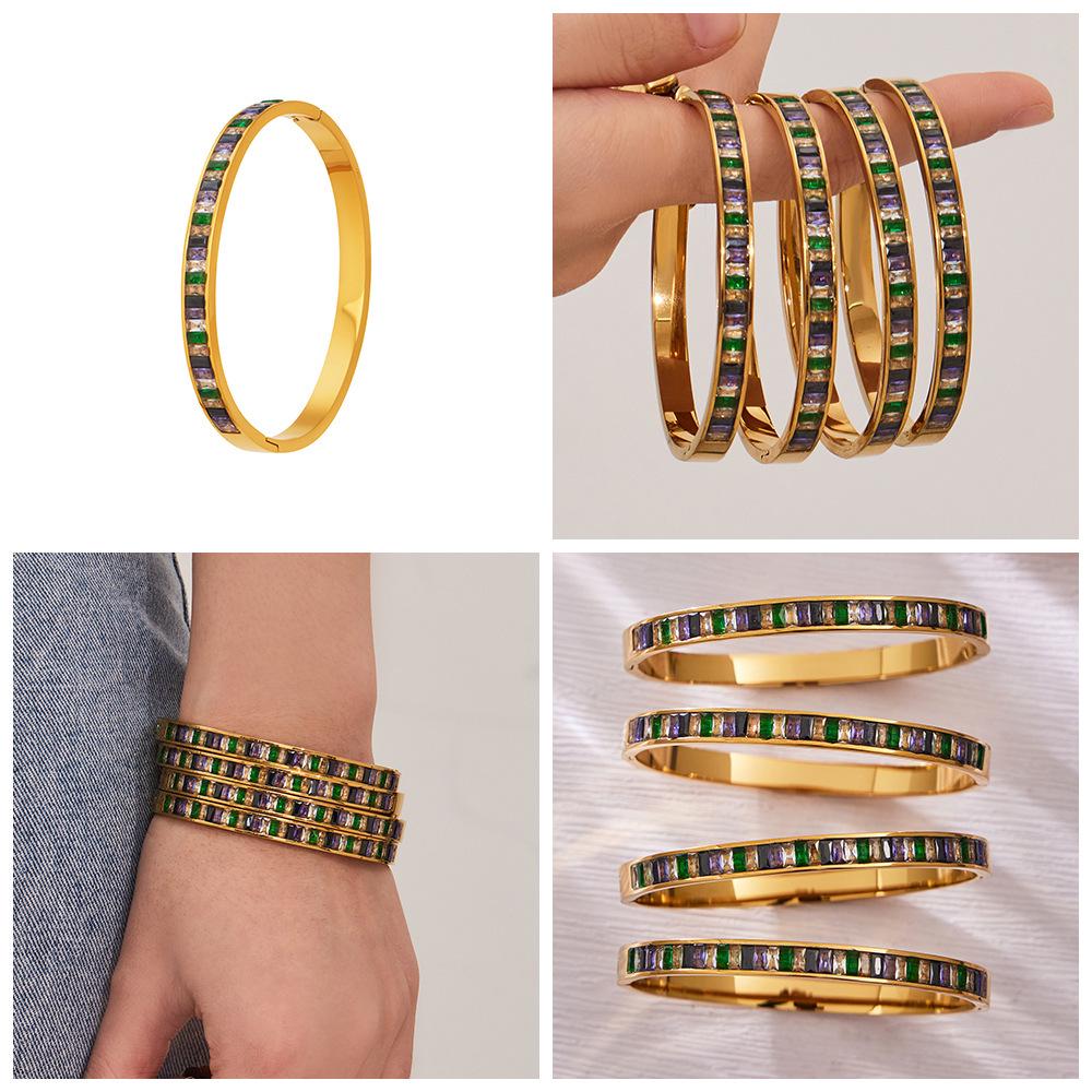 European & American Colored Zircon Bracelet - 18K Gold-Plated Stainless Steel with Unique Design & Luxury Buckle