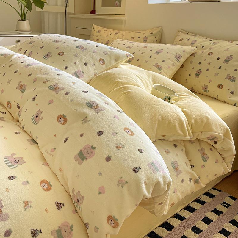 Thickened Milk Fleece Bed Four-Piece Set Warm Coral Fleece Bed Sheet Quilt Cover Three-Piece Bedding