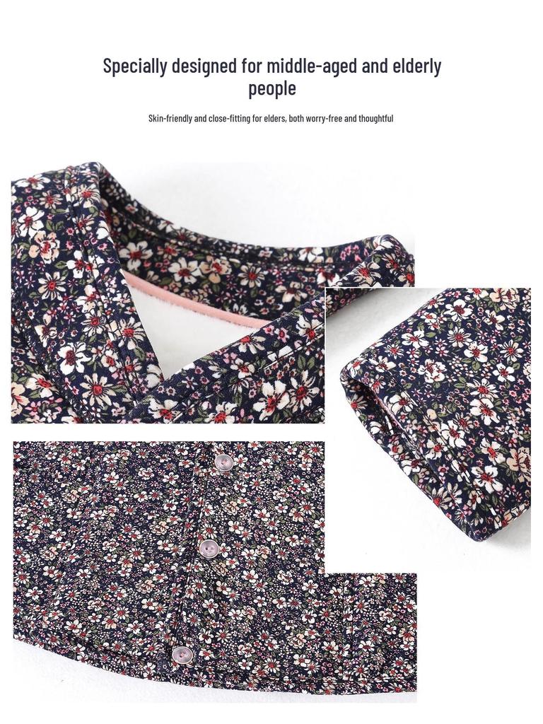 Grandma's Winter Floral Cotton Jacket with Velvet Lining - Warm, Thickened, Small Size for Elderly Women